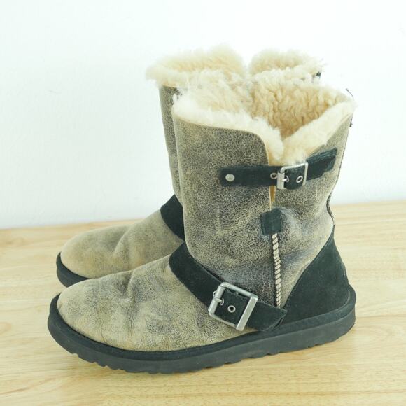 Ugg Size 8 Boots Dylan Short Buckle Suede Shearling Distressed Boho Grunge - Picture 6 of 11